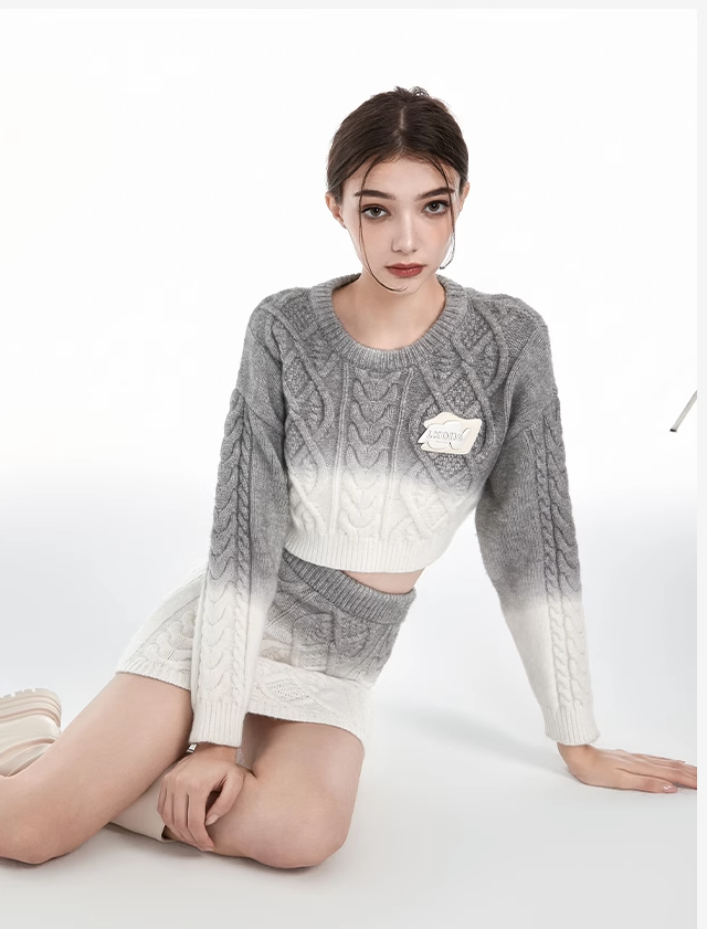Cable spray-dyed pullover gradient sweater & skirt set up