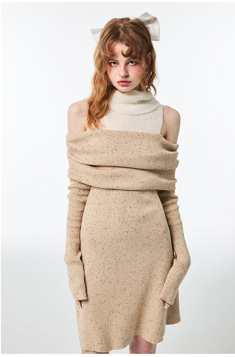 beige off shoulder sweater dress Hot Girl Off-Shoulder Sweater Turtleneck Dress – CANALIS STUDIOS