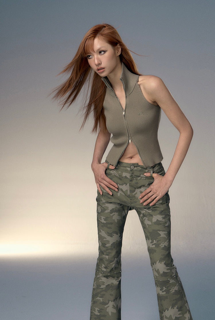 Retro Back Belt Zipper Sleeveless Knit