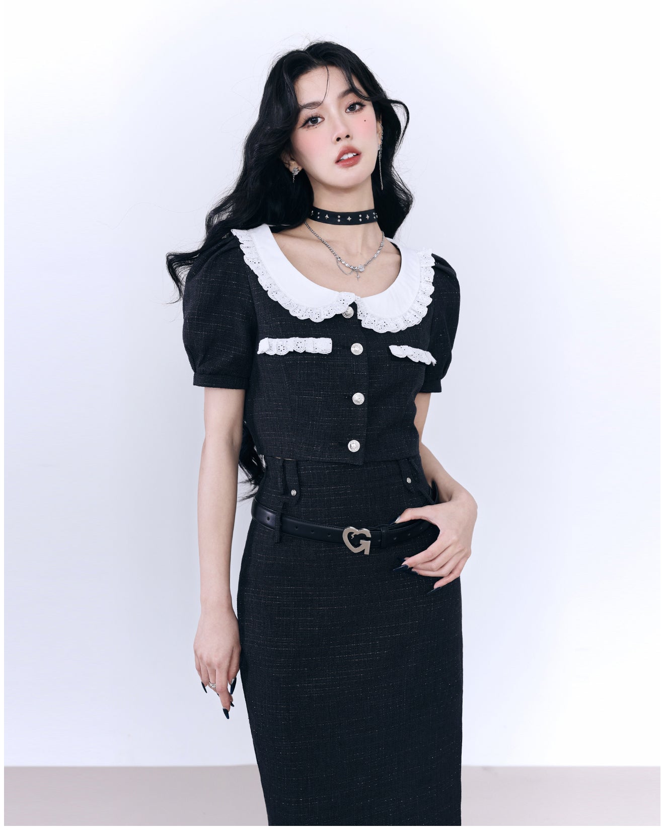 Short Length Neck Ruffle Jacket & Long Length Slim Fit Skirt Tweed Set Up