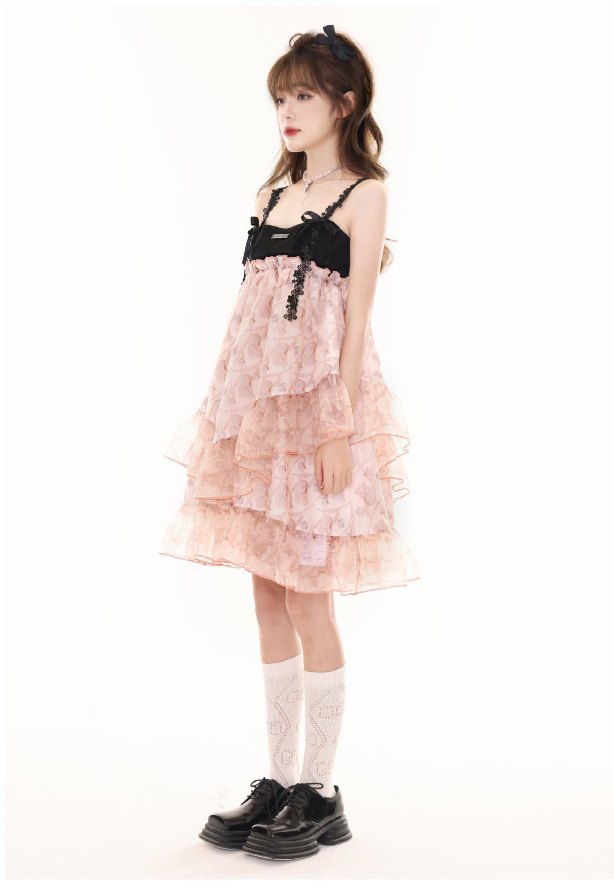 Shoulder Ribbon Ruffle Girly Suspender Dress