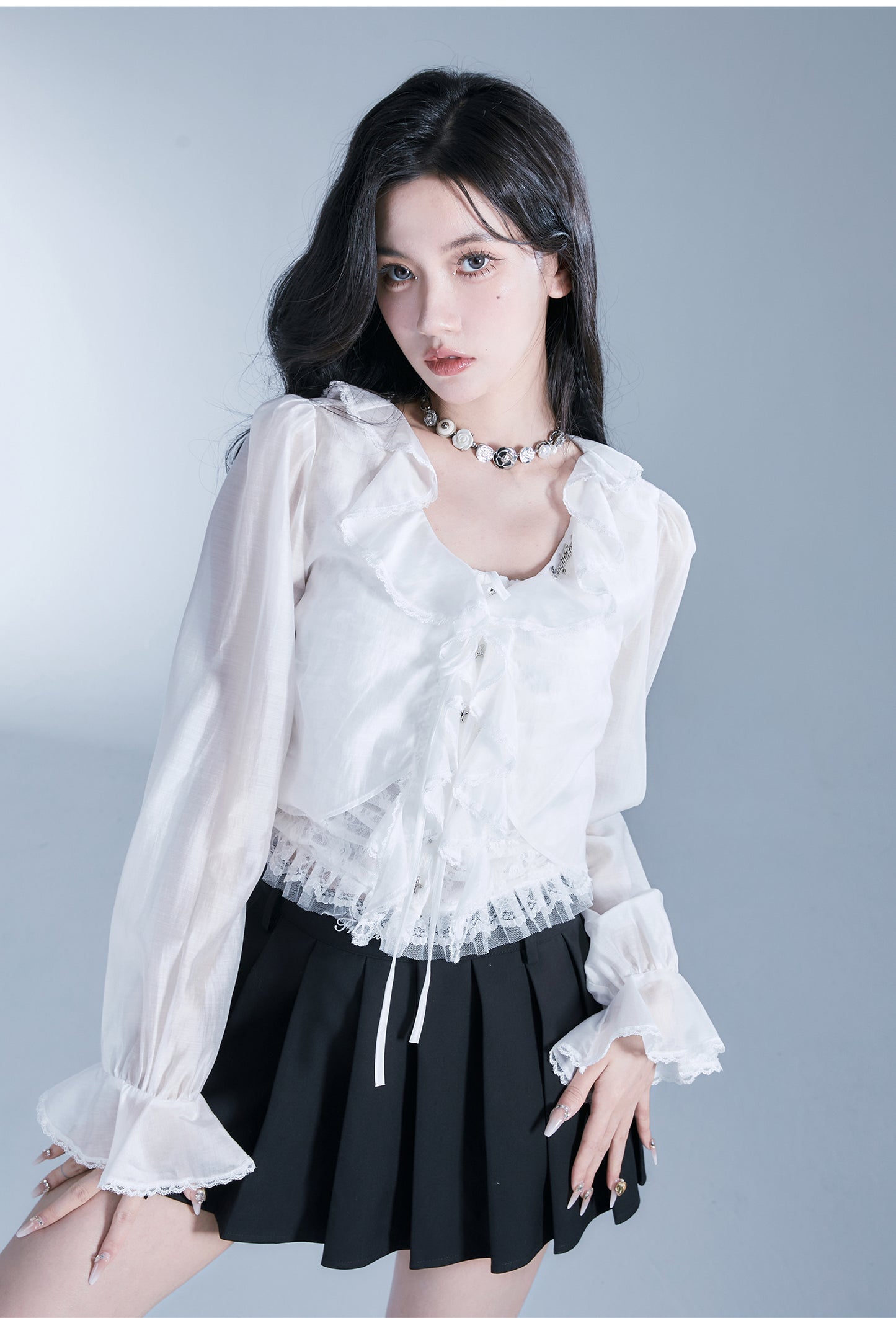 Long Sleeve Frilled Lace Blouce