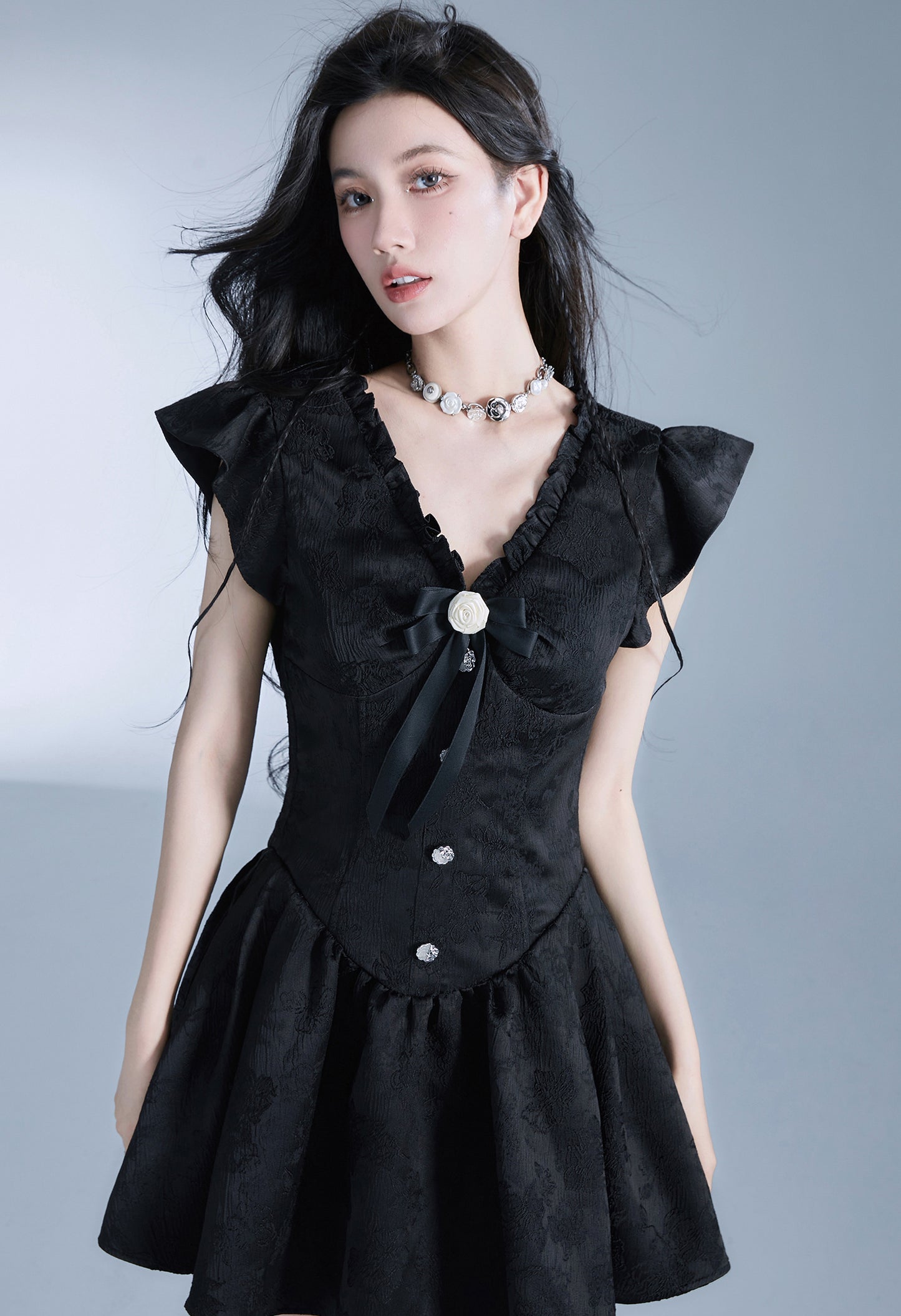 V-Neck Front Button Puff Sleeve Short Length Dress