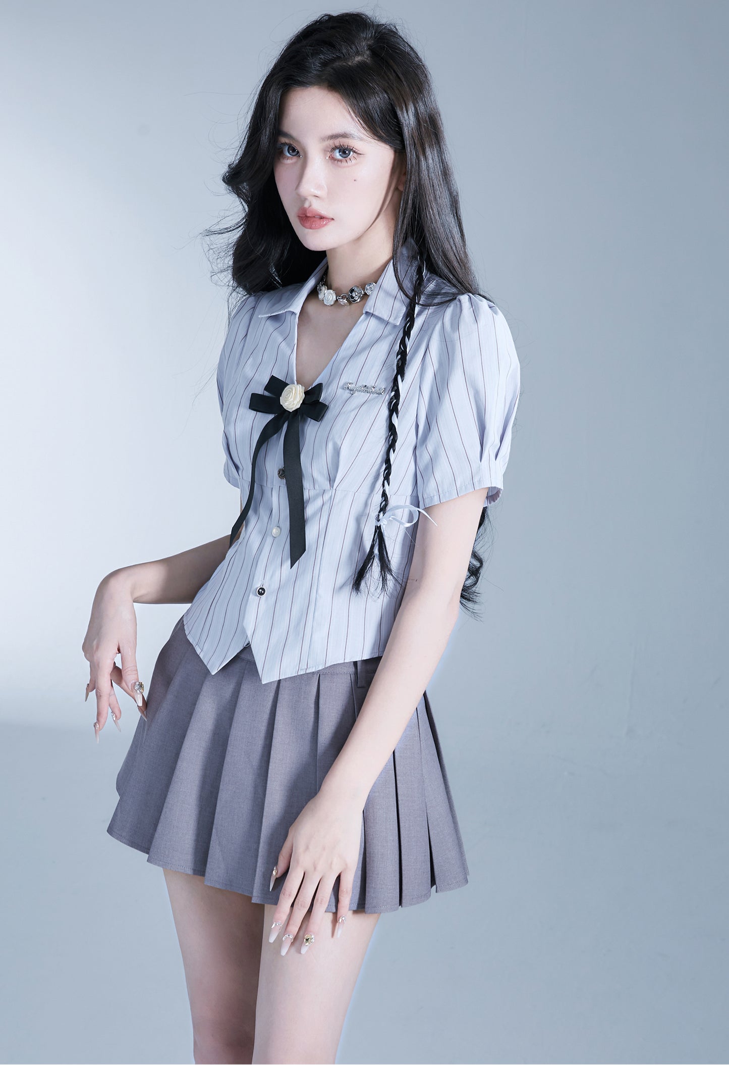 College Style Short Length Striped Shirt & Slim Fit Short Length Skirt Setup