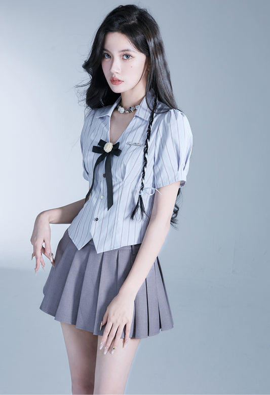 College Style Short Length Striped Shirt & Slim Fit Short Length Skirt Setup