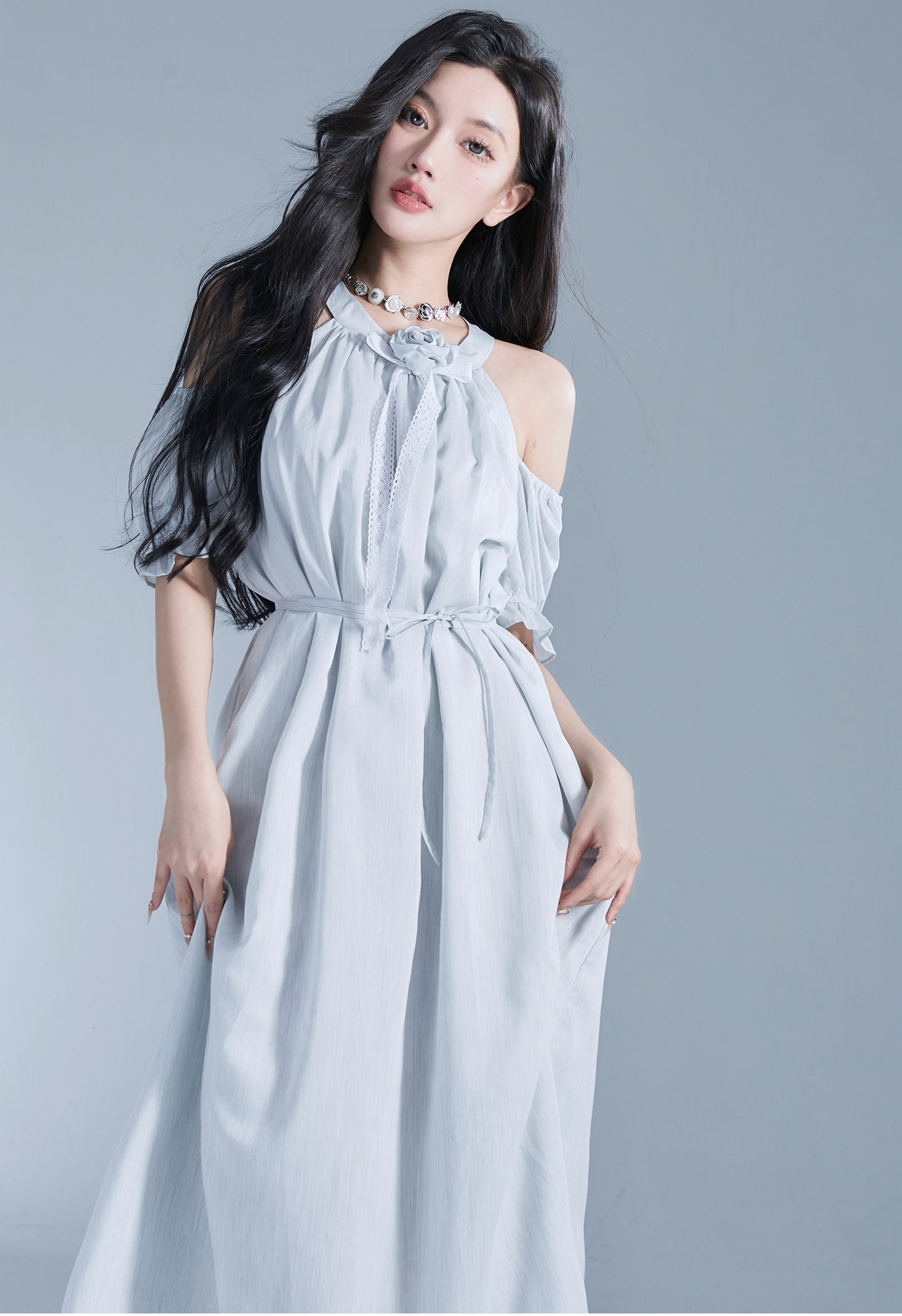 Neck Rose Sleeveless Long Length Dress