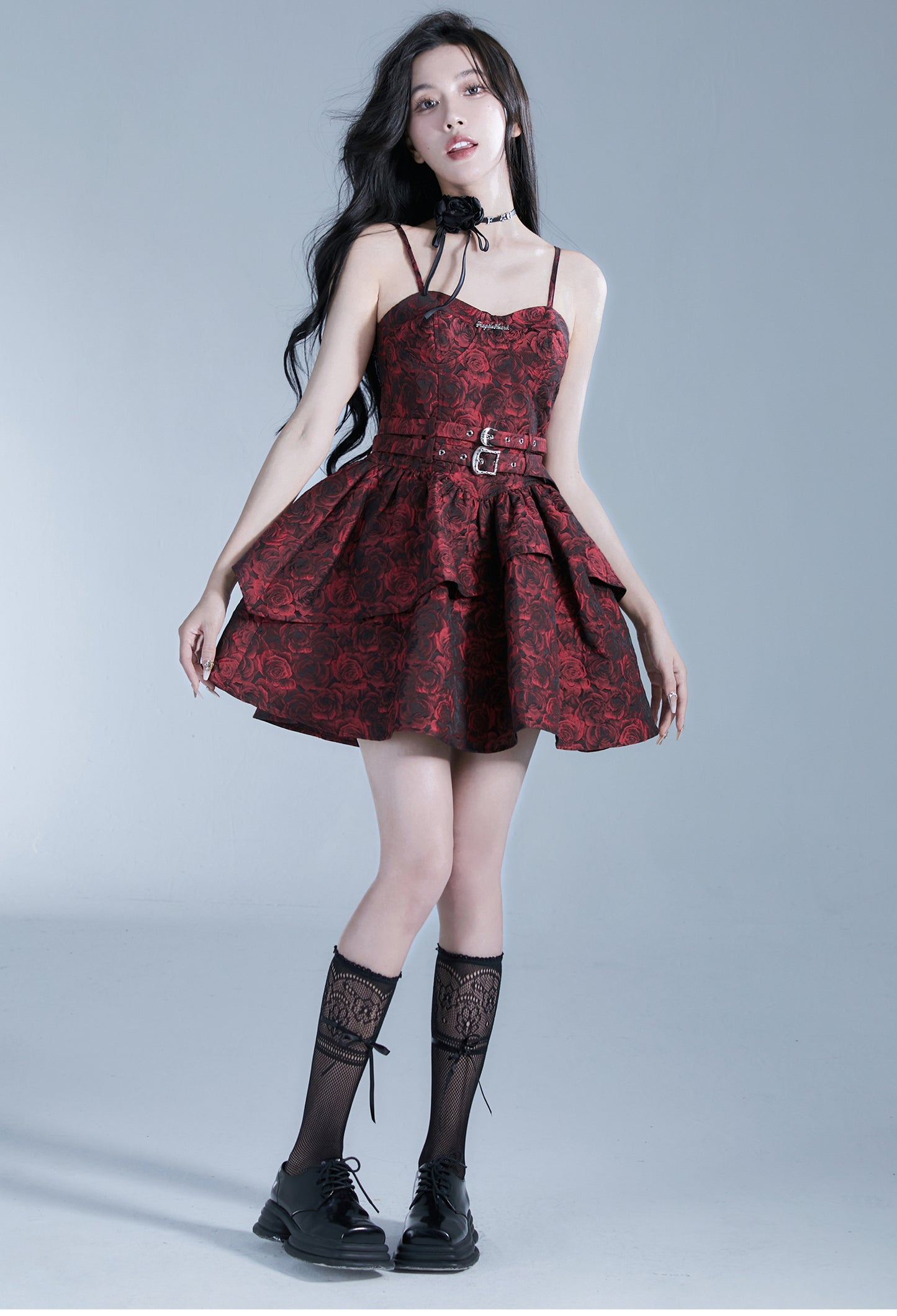 Red Rose Waist Belt Suspender Dress