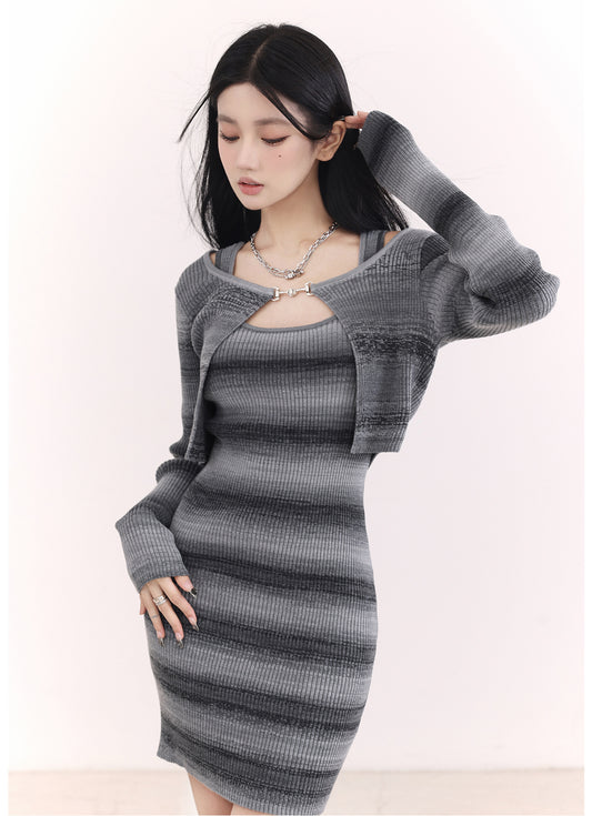 Tight Fit Striped Knit Dress & Knit Cardigan Set-Up