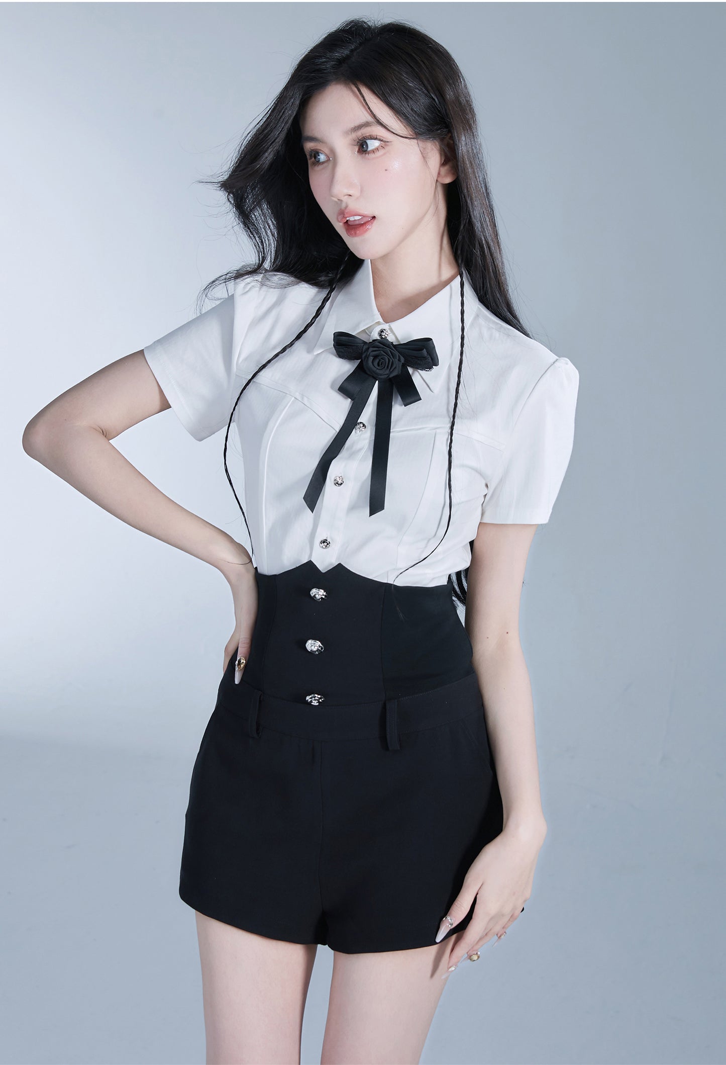 Rose Ribbon Slim Fit Shirt & High Waist Slim Fit Short Length Skirt Set Up