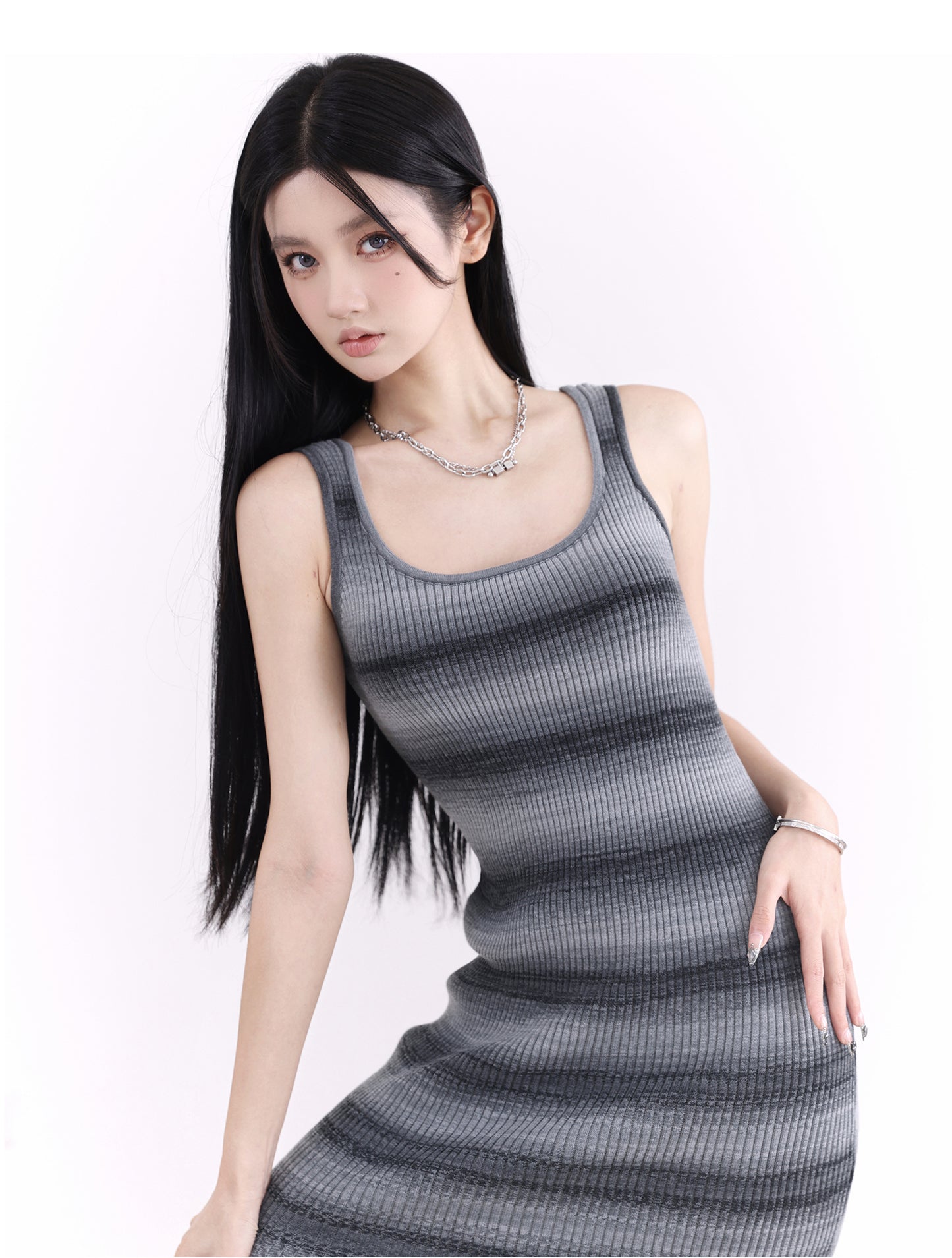 Tight Fit Striped Knit Dress & Knit Cardigan Set-Up