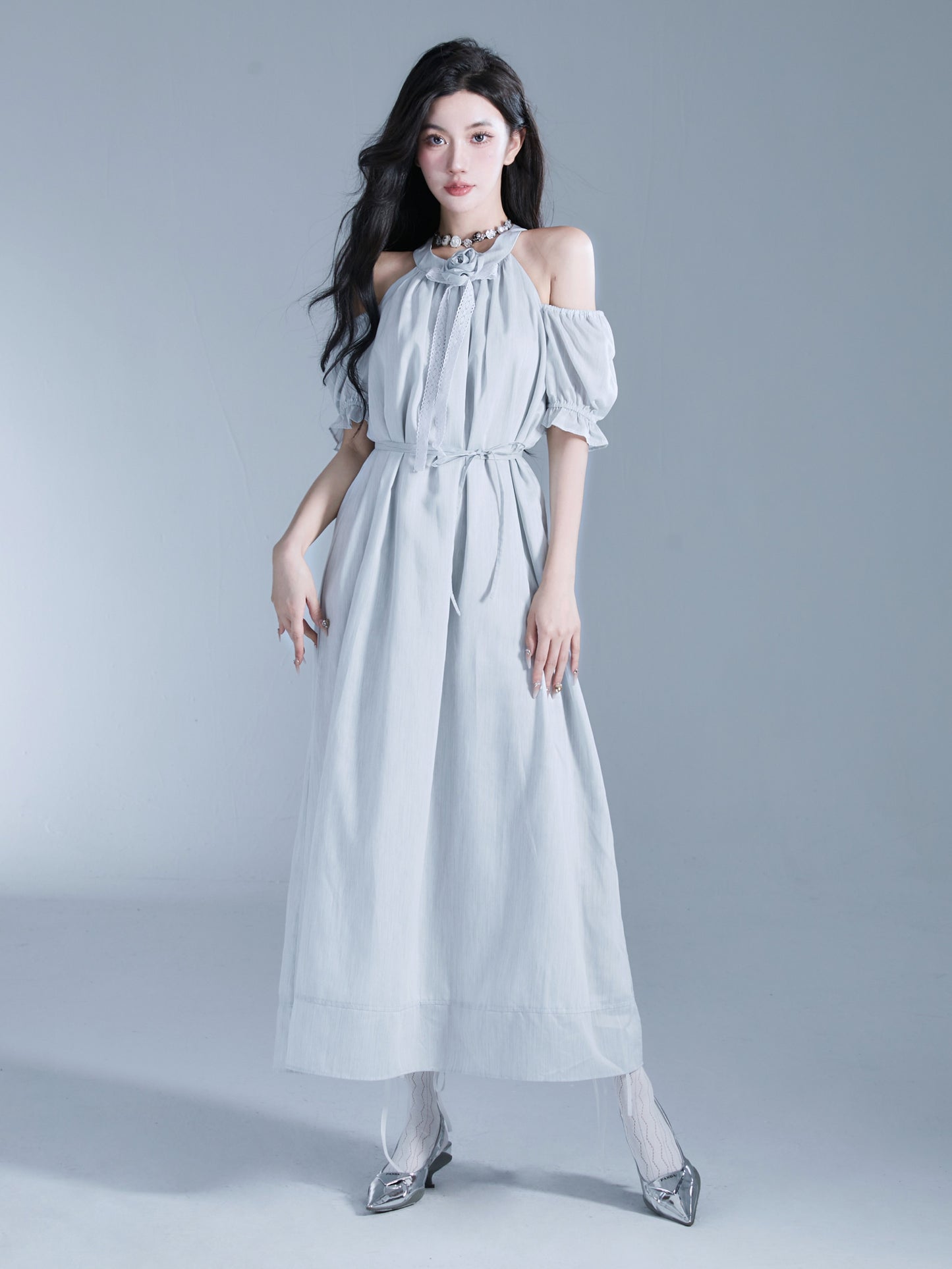 Neck Rose Sleeveless Long Length Dress