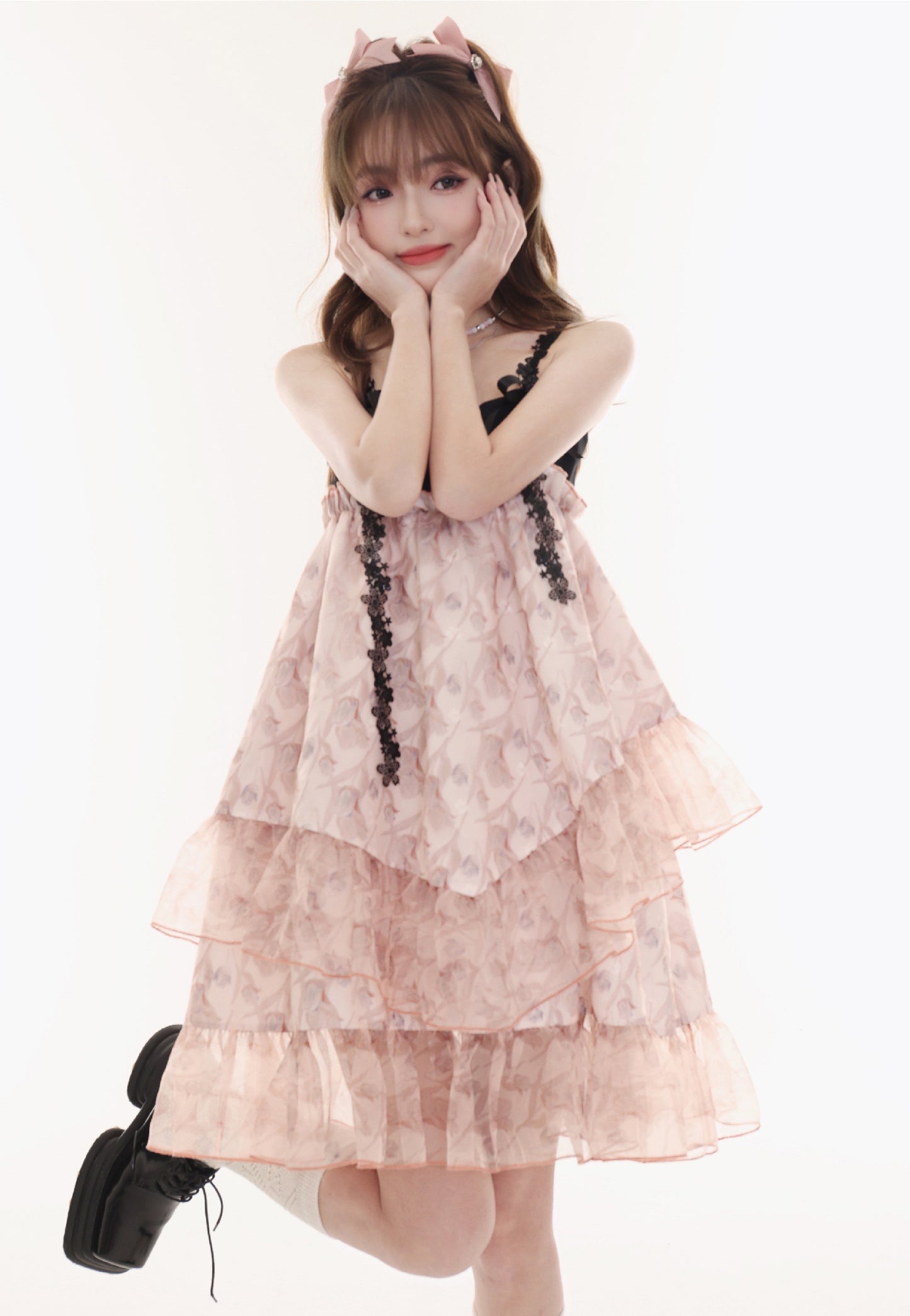 Shoulder Ribbon Ruffle Girly Suspender Dress