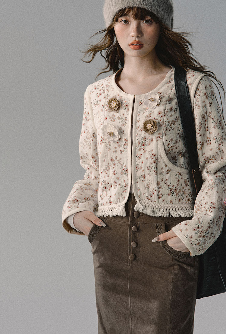 Tassel Design Floral Pattern Round Neck Wool Short Jacket