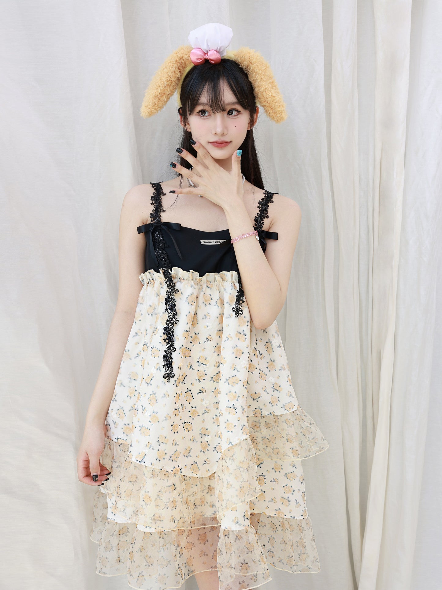 Shoulder Ribbon Ruffle Girly Suspender Dress