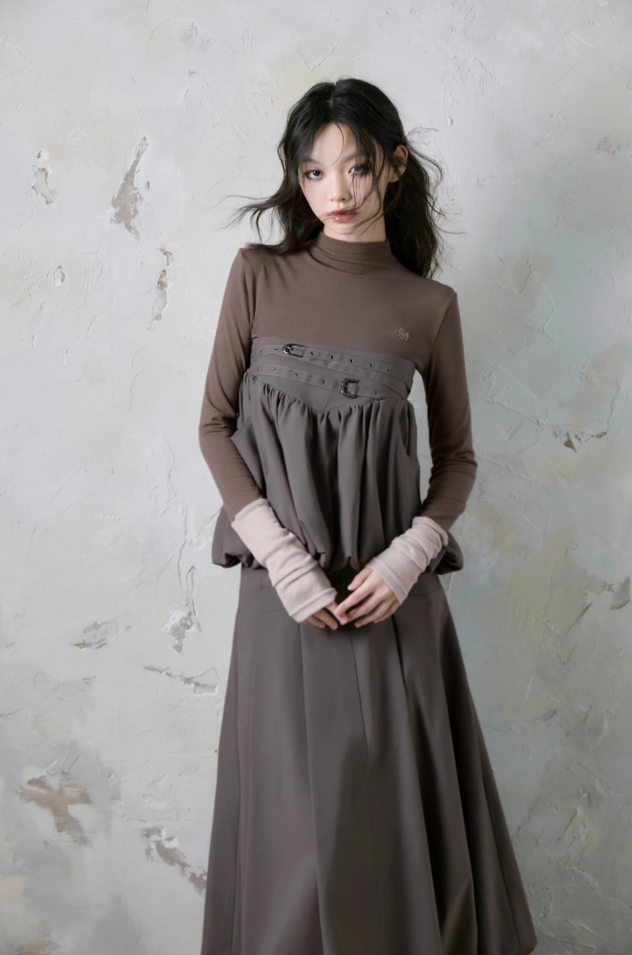 Embroidery Half High Collar Long Sleeve Slimming Bottom Shirt