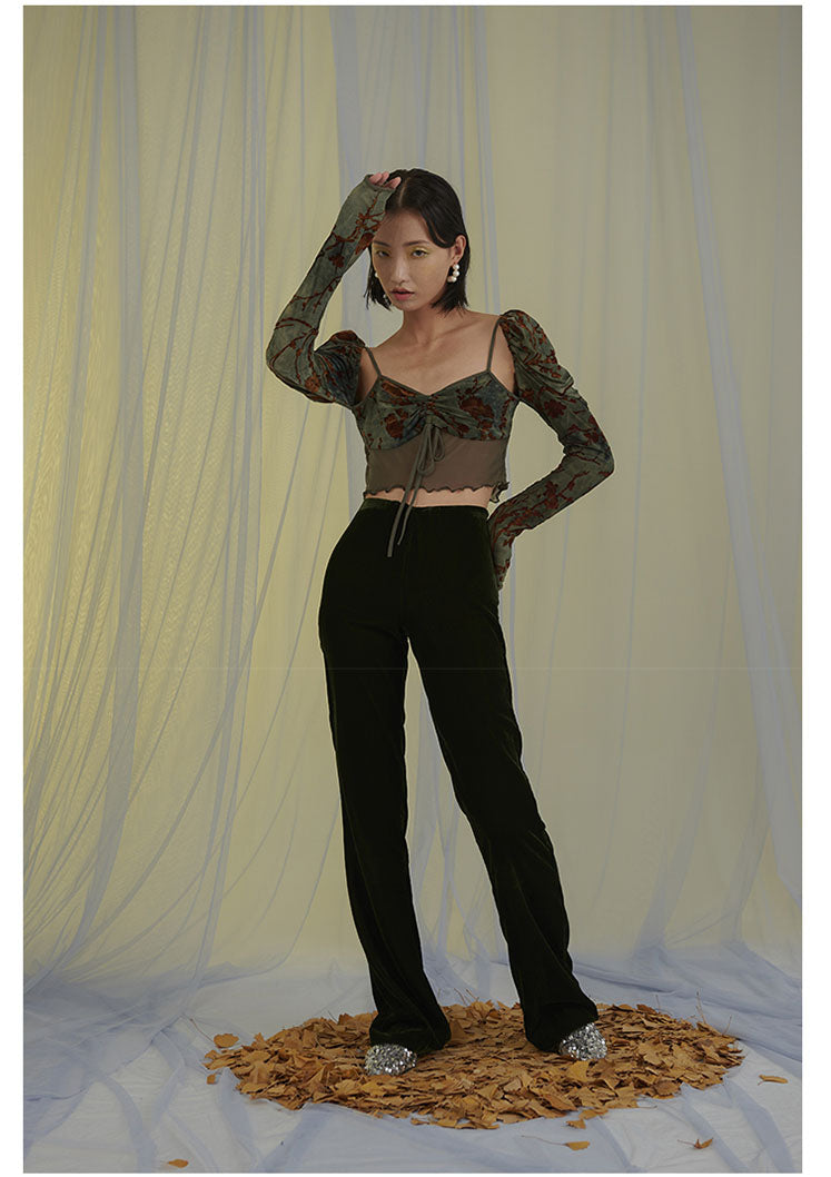 Off-Shoulder Puff Sleeve Suspender Fake Two-Piece Tops