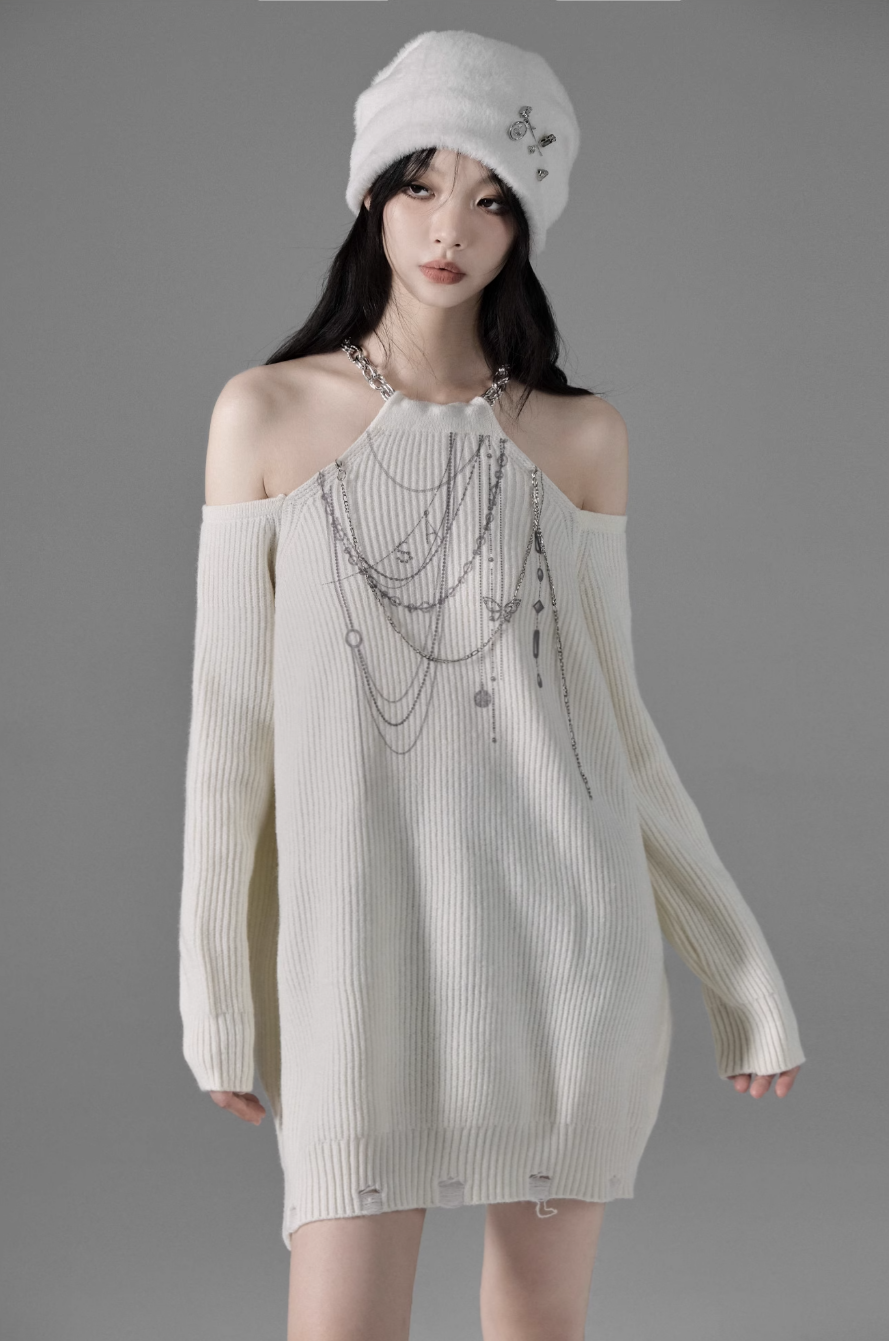 Halter Neck Chain Design Off Shoulder Sweater