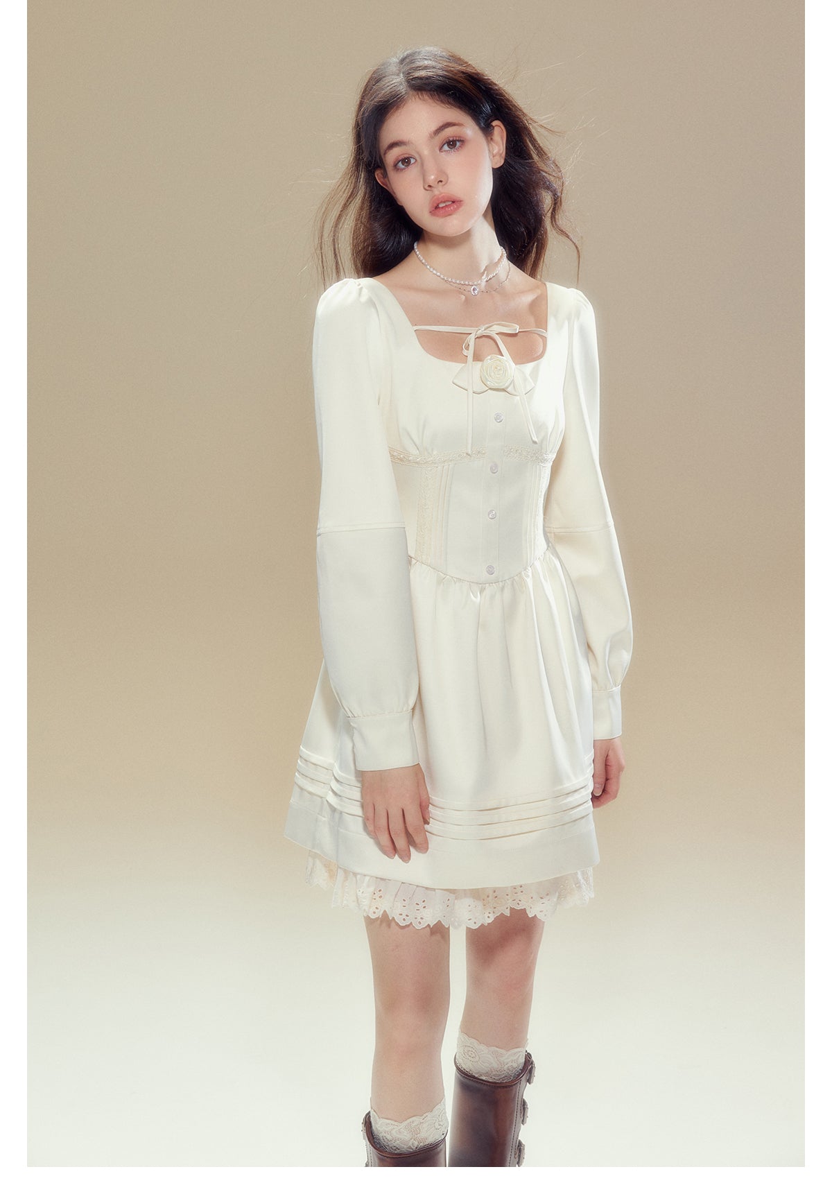 Square Neck Rose Objet Short Length Dress