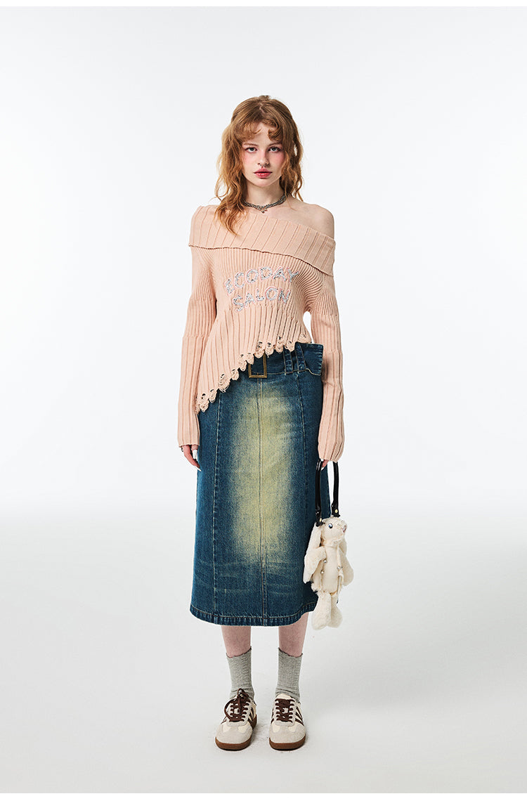 Hip Hugging High Waist Mid Length Denim Skirt