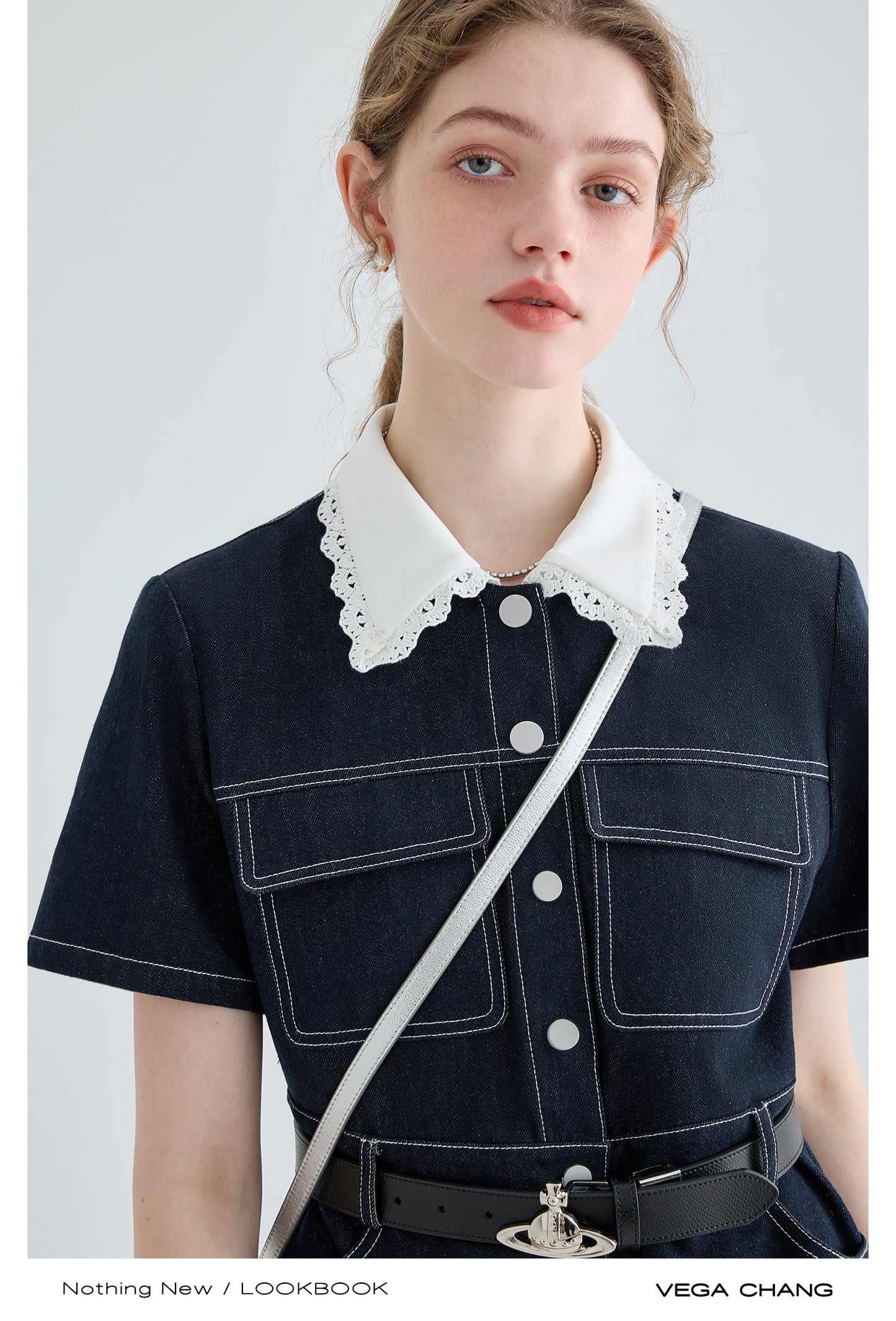 French Lace Doll Collar Denim Dress