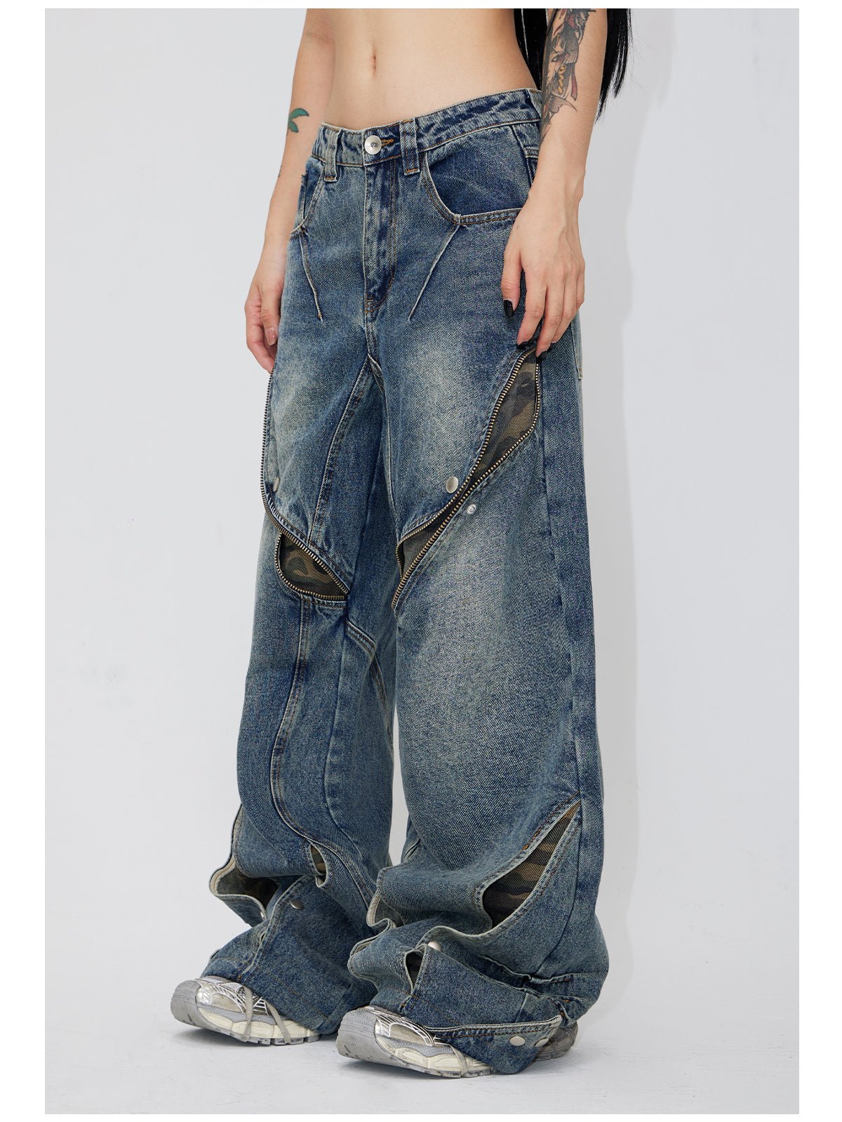 Wide leg splicing zip denim pants