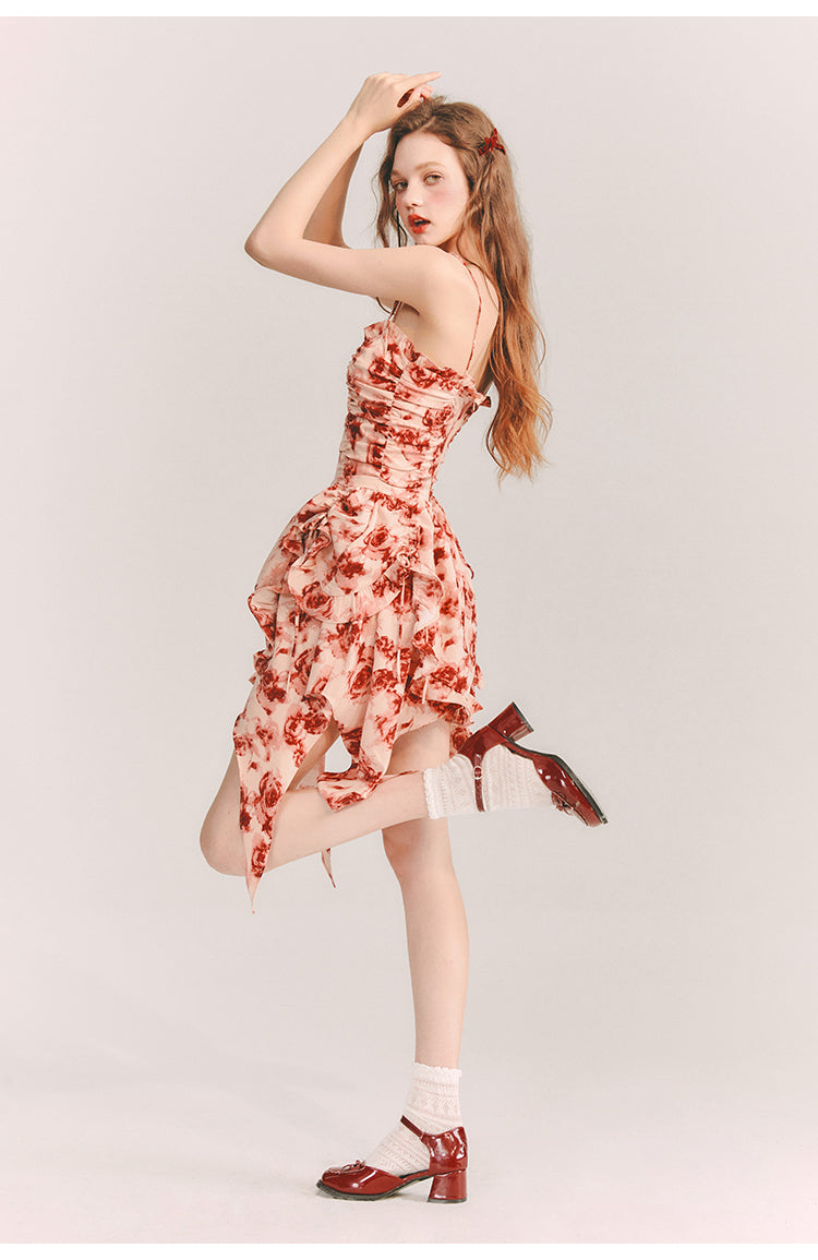 Rose Pattern Square Neck Short Dress