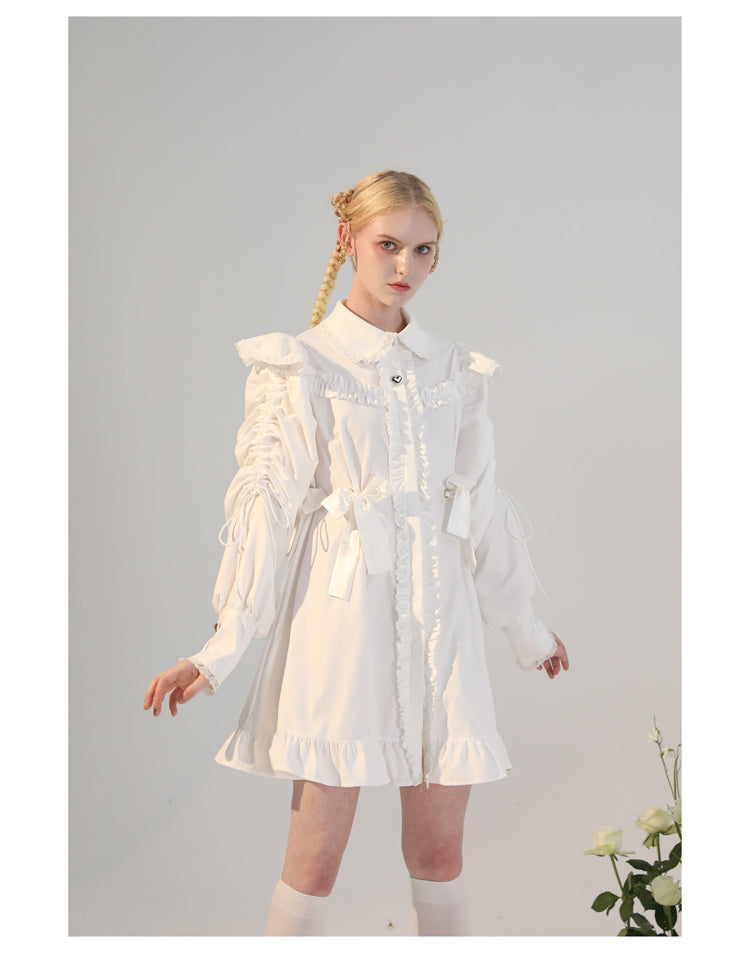 French Girly Frilled Ribbon Shirt Dress