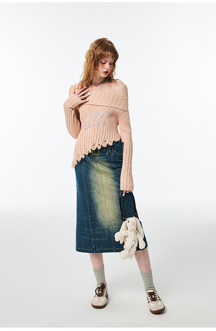 Hip Hugging High Waist Mid Length Denim Skirt