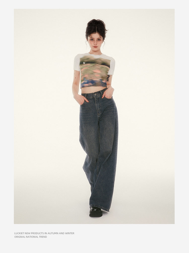 Retro wash wide leg pants casual loose jeans