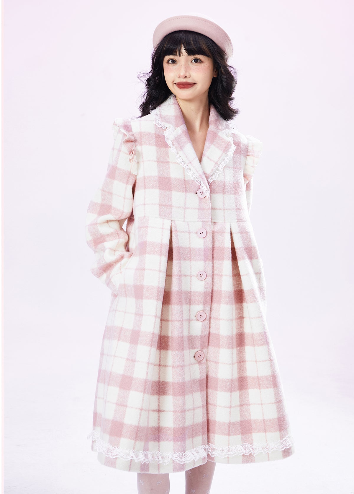 Original Design pink checked wool coat ladies