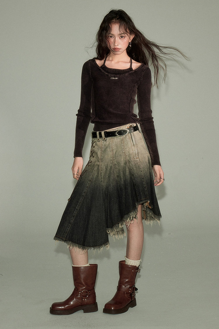 Irregular Design Gradient Denim Skirt