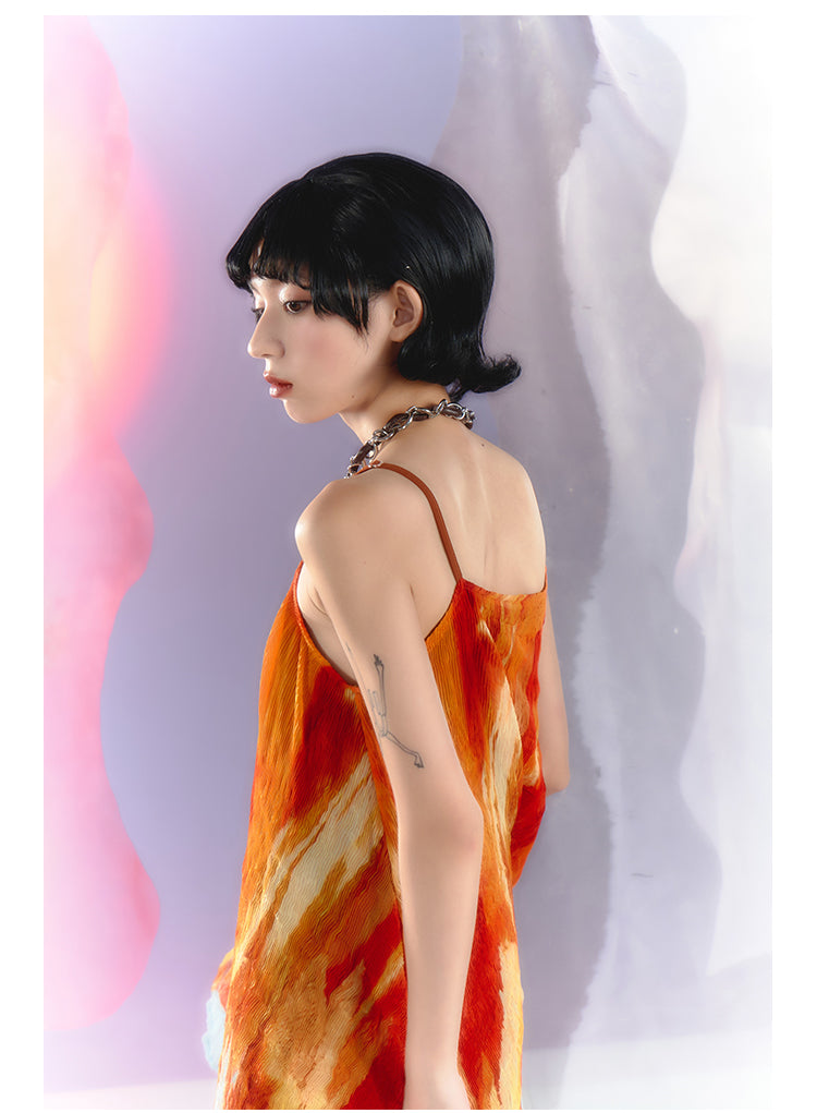 Tie-dye pattern square neck suspender dress