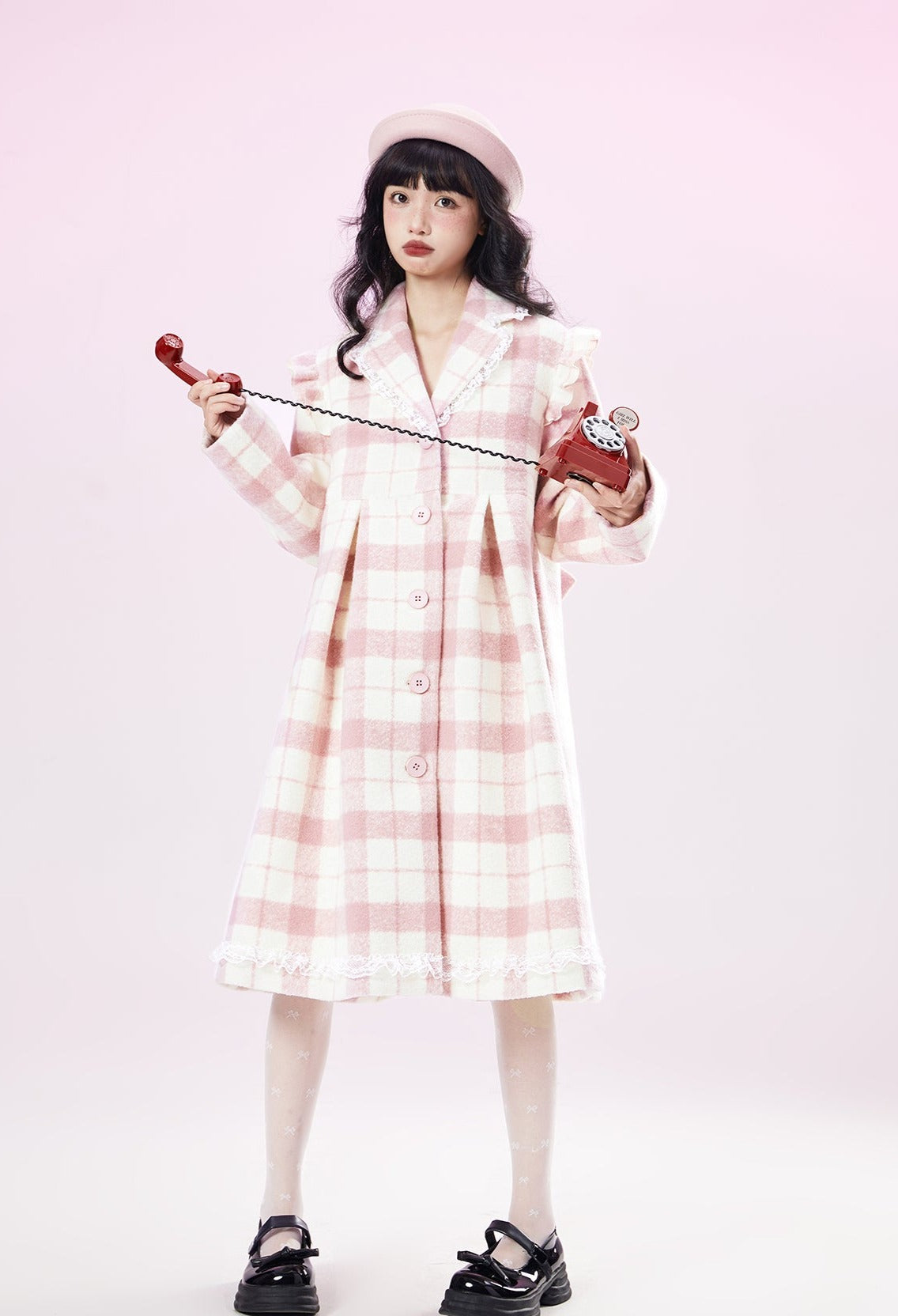 Original Design pink checked wool coat ladies