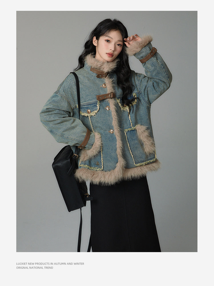 retro fur stitch denim coat