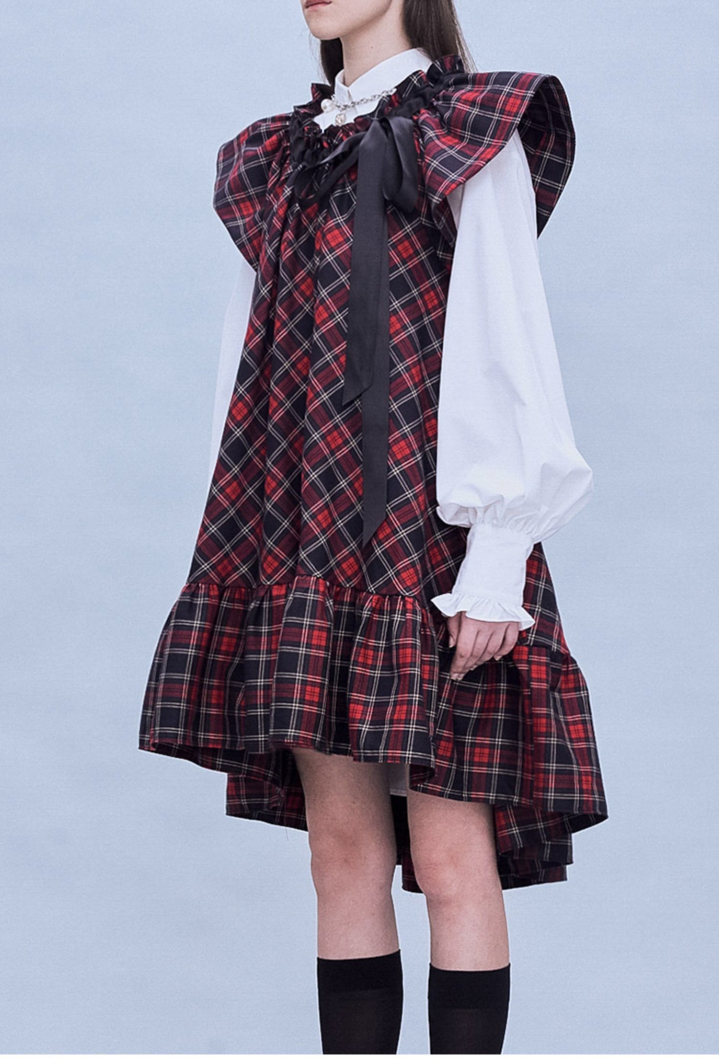 Plaid Neck Ribbon A-line Dress