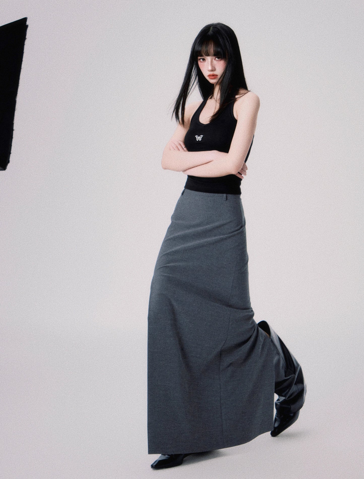 Slim straight mid-waist slit long skirt