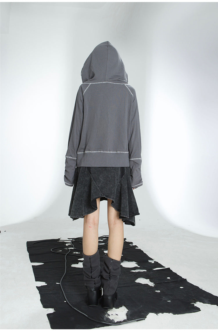 Loose Fit Zip Punk Hoodie & Short Length Sweatshirt Skirt