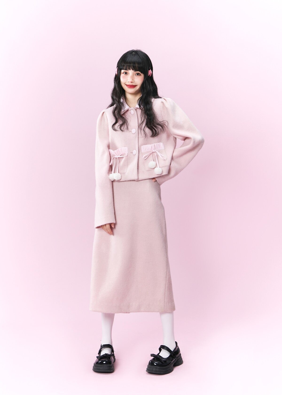 Original design pink wool coat &Loose skirt & Slim skirt suit