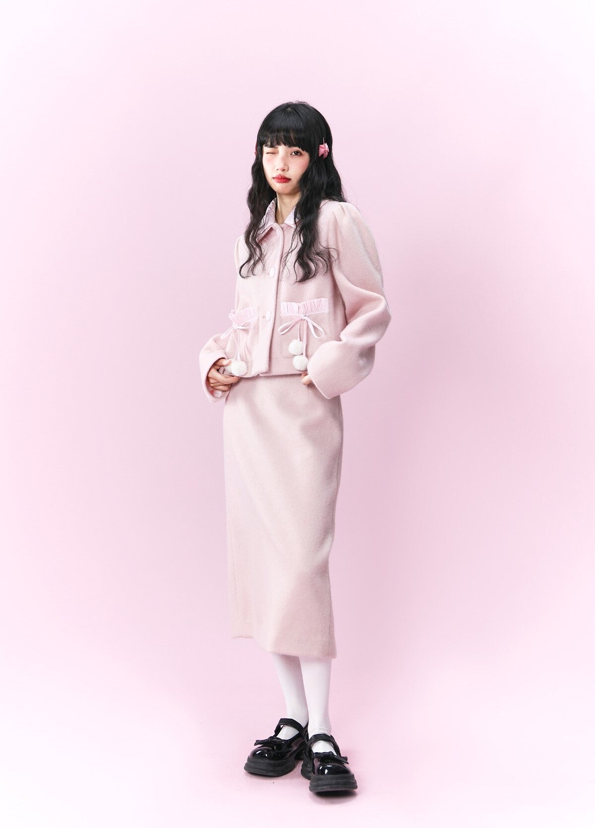 Original design pink wool coat &Loose skirt & Slim skirt suit