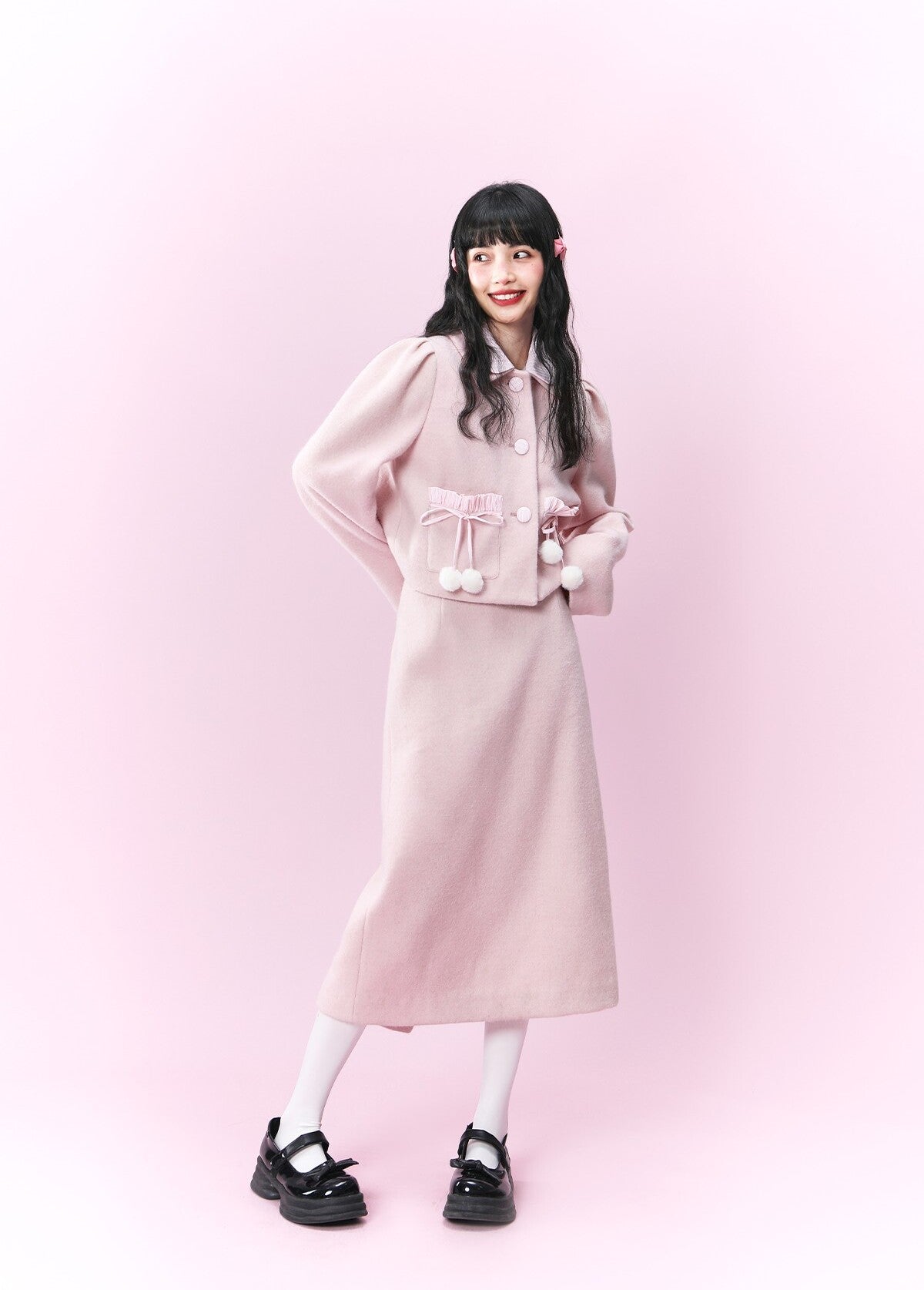 Original design pink wool coat &Loose skirt & Slim skirt suit