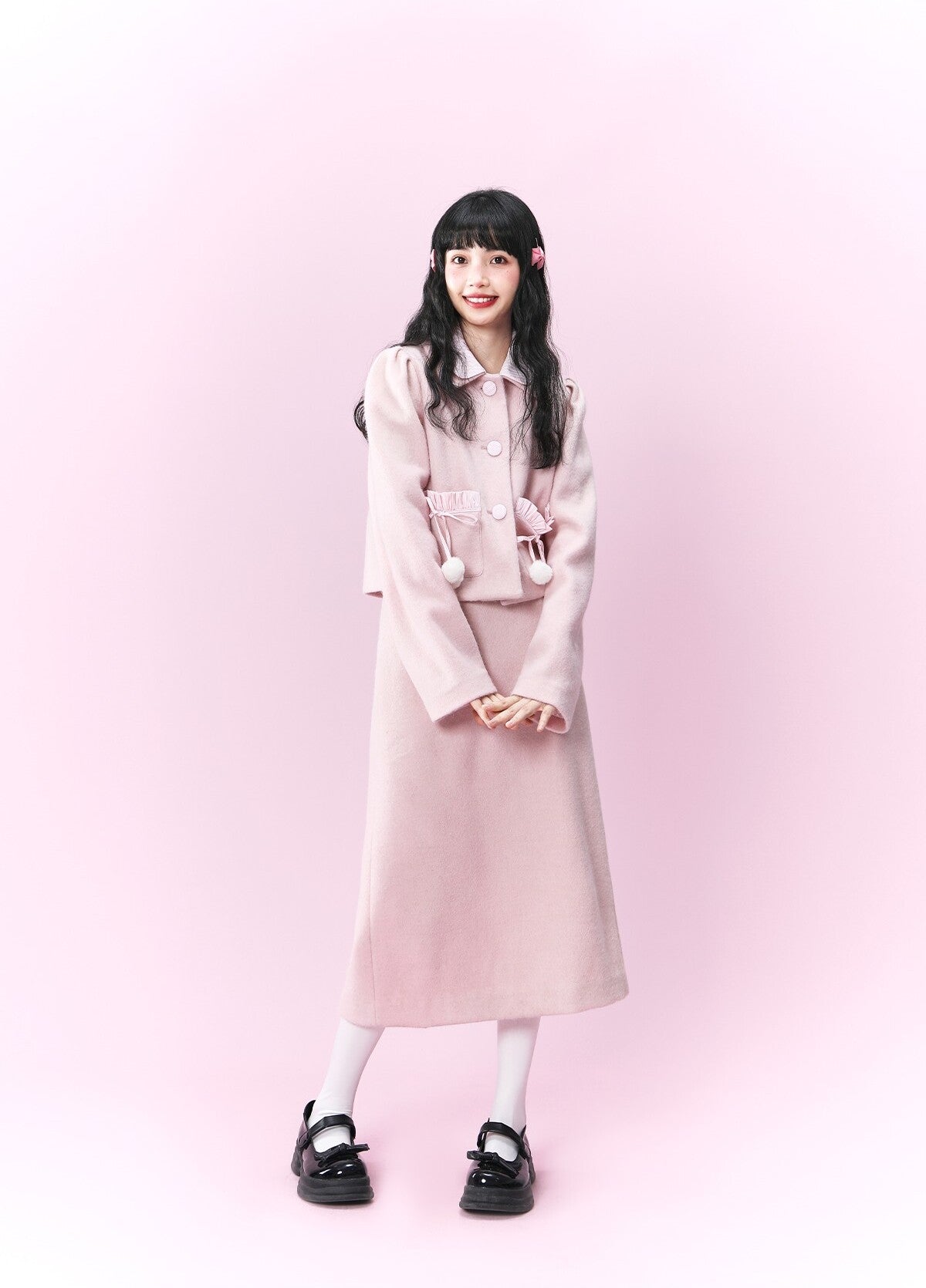 Original design pink wool coat &Loose skirt & Slim skirt suit