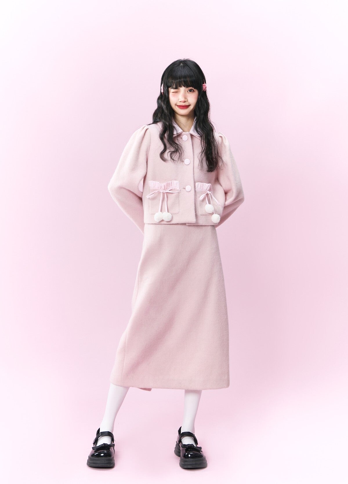 Original design pink wool coat &Loose skirt & Slim skirt suit