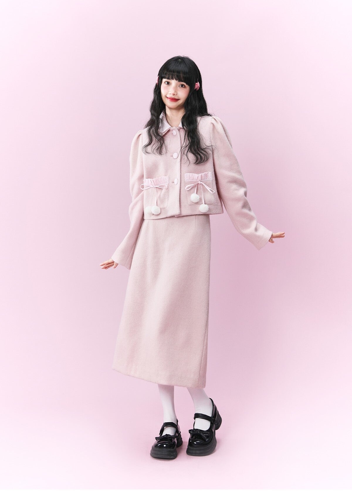 Original design pink wool coat &Loose skirt & Slim skirt suit