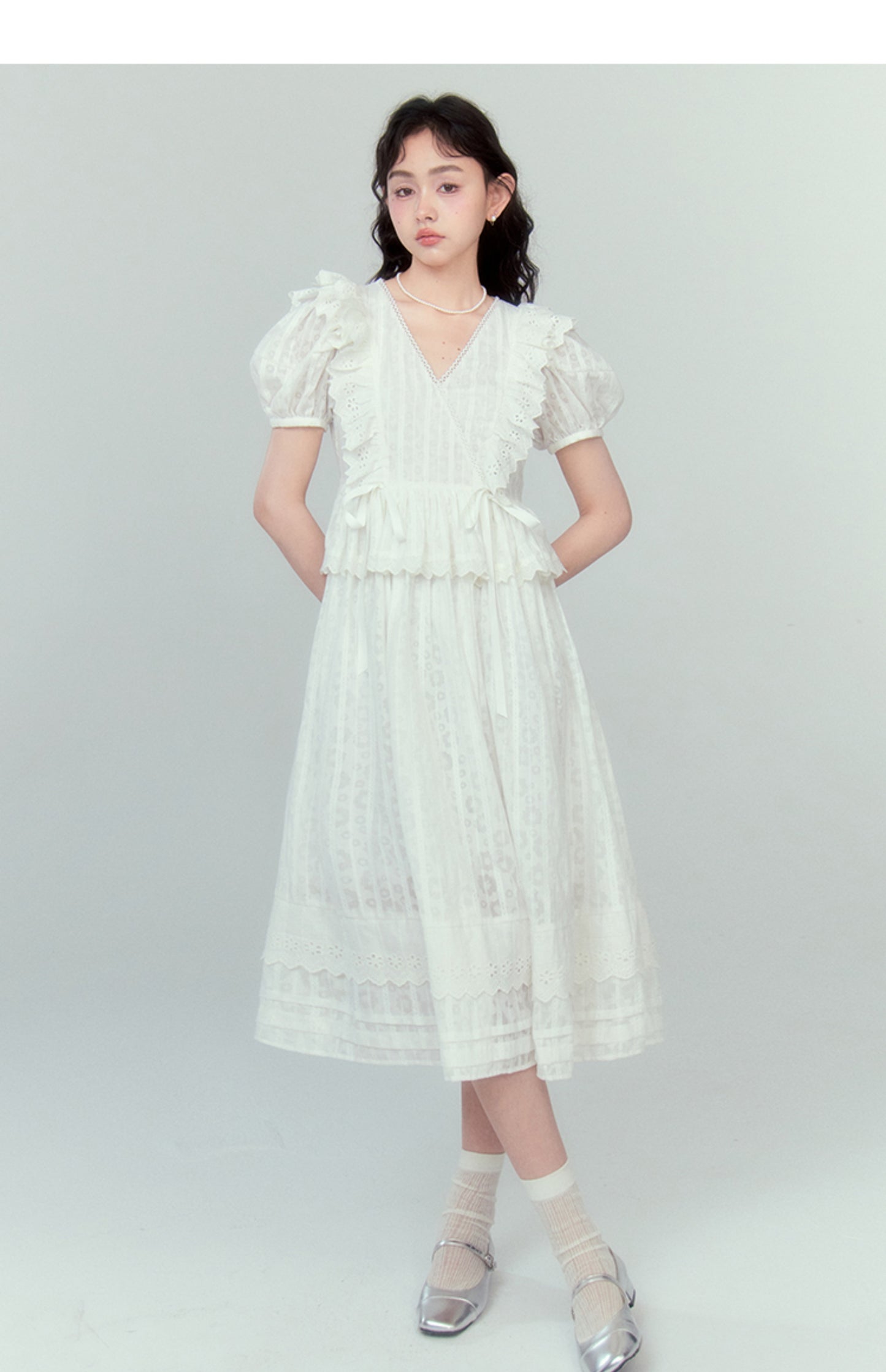 V-Neck Floral Pattern Ruffle Puff Sleeve Long Length Dress