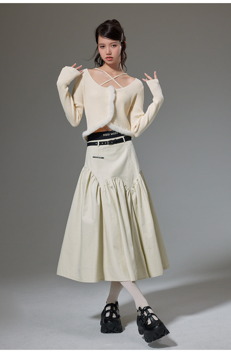 High Waist Stitch Pleated A-Line Long Skirt