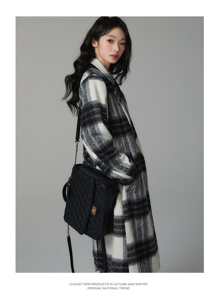 Checked wool mid-length coat