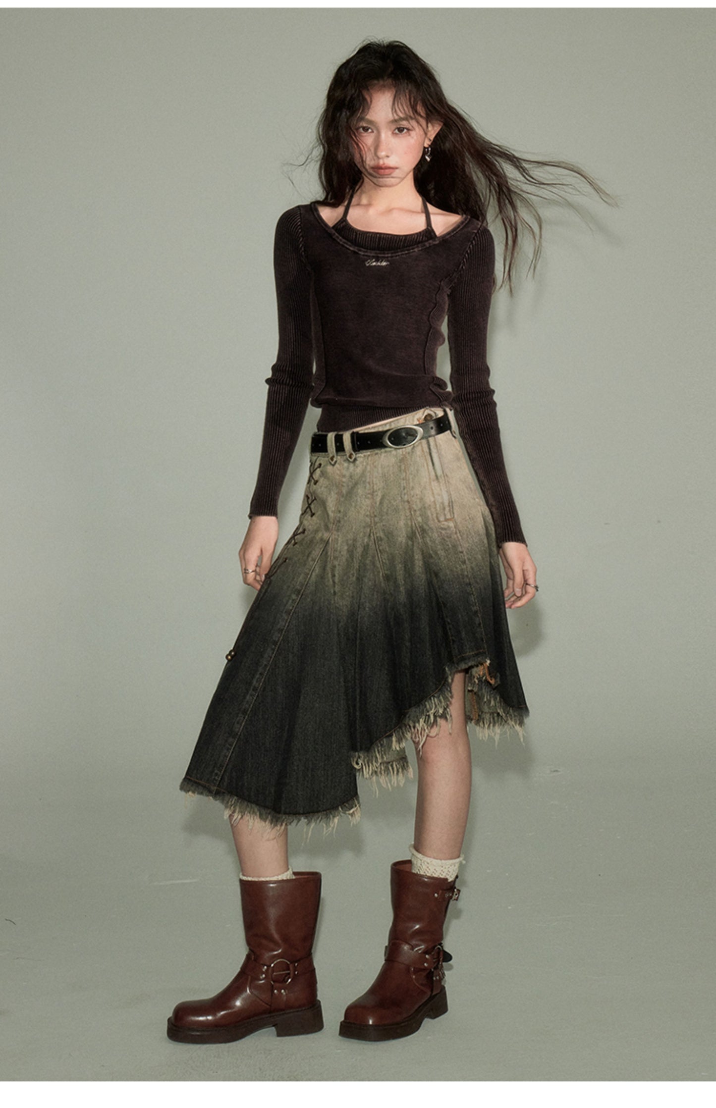 Irregular Design Gradient Denim Skirt