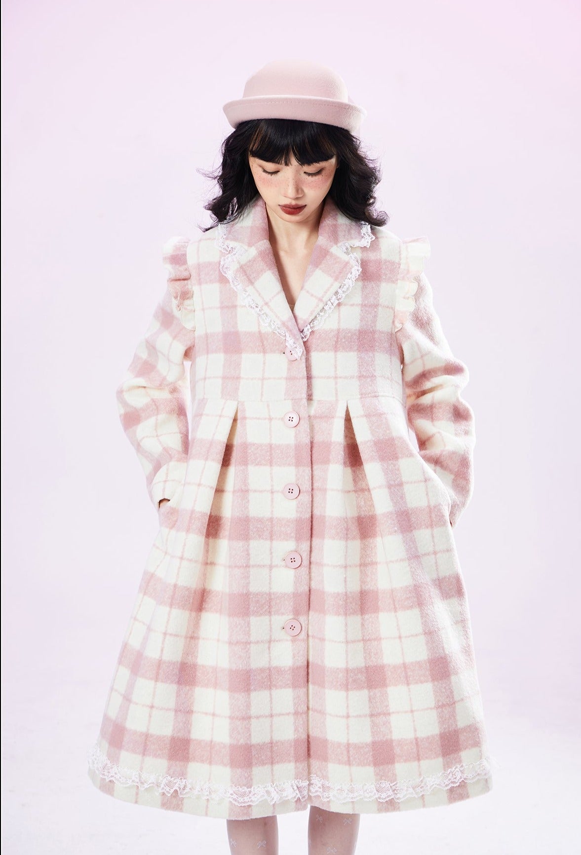 Original Design pink checked wool coat ladies