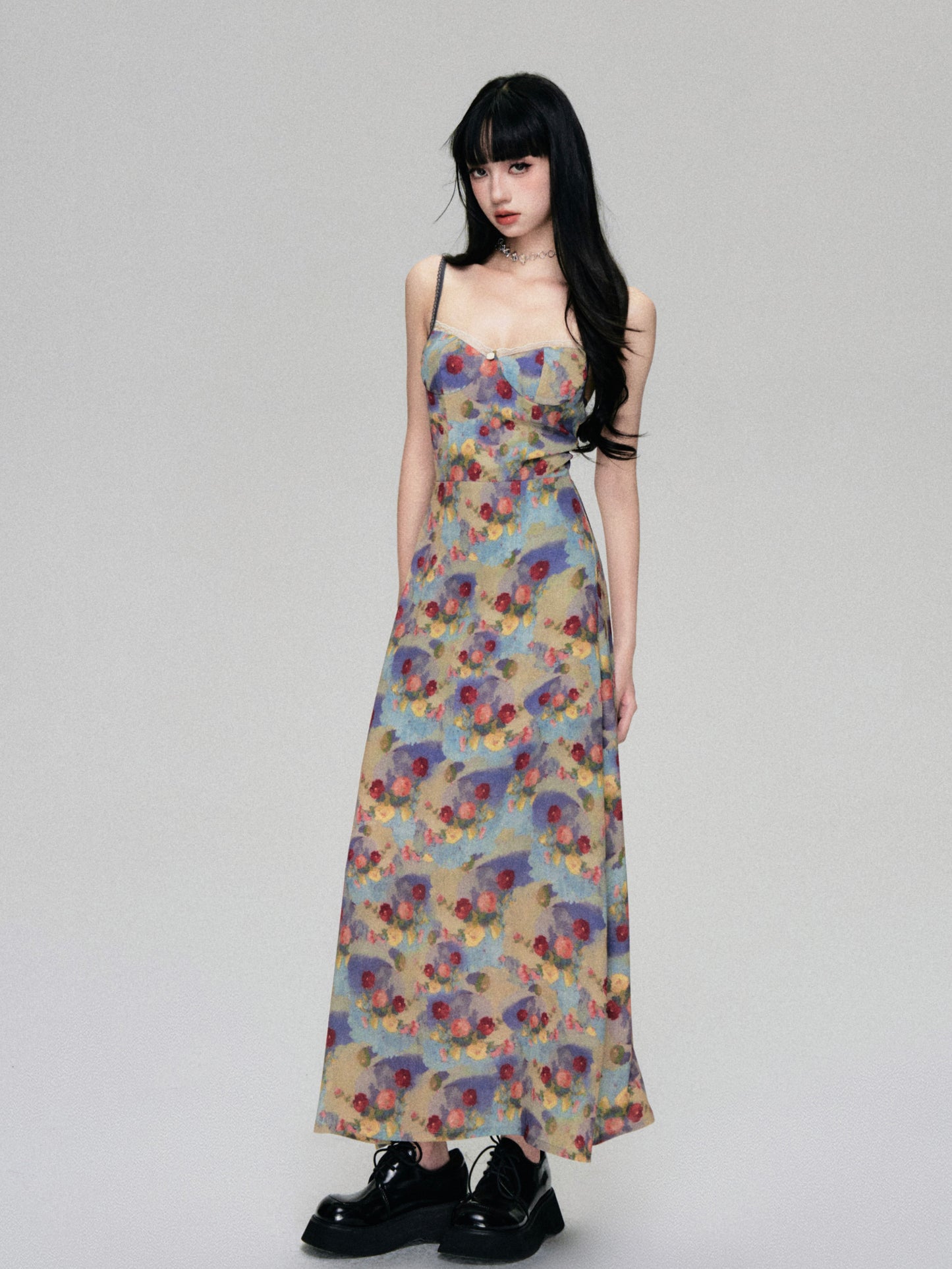 French Retro Stain Floral Suspender Dress