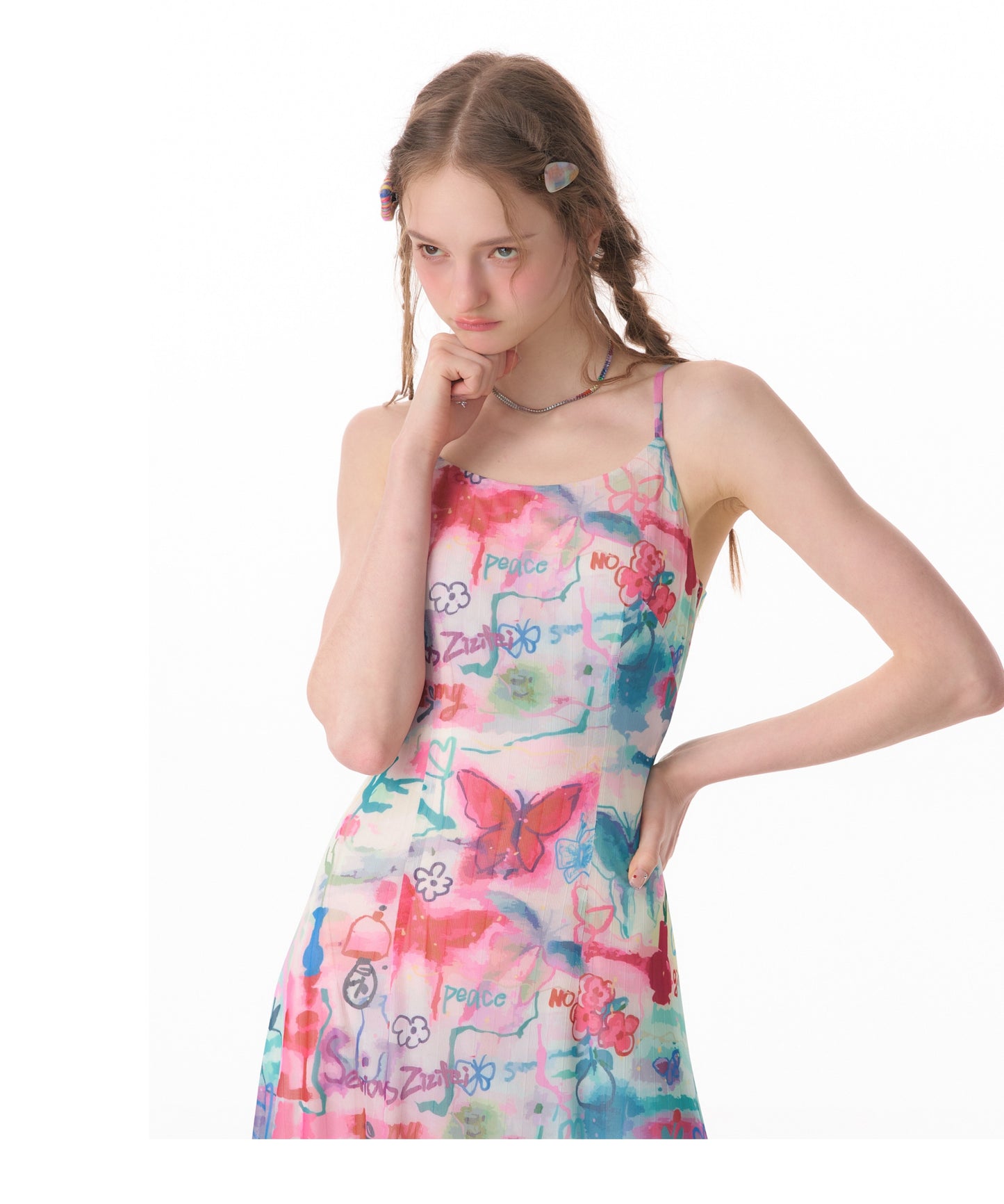 Graffiti butterfly print suspender dress